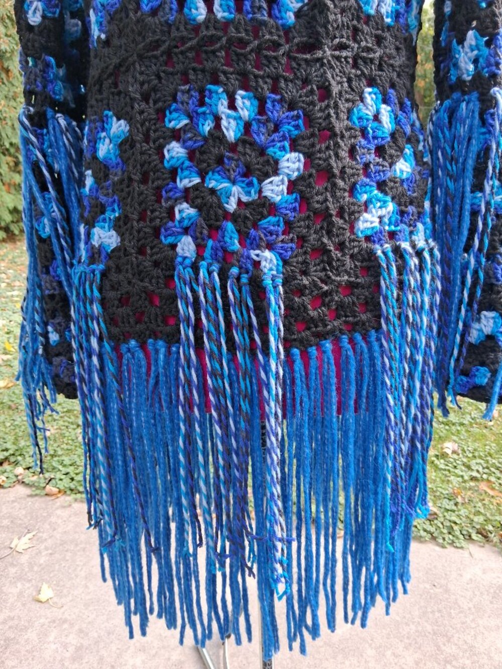 Black and Blue Fringe Granny Square Sweater Size L/XL - Picture 11 of 14